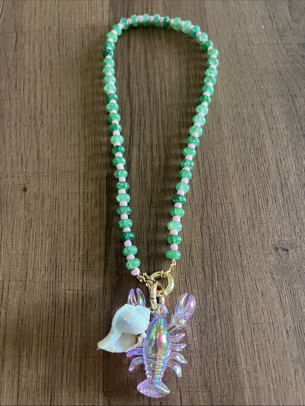 Kids Green Beaded Necklace with Iridescent Lobster and Shell Charms